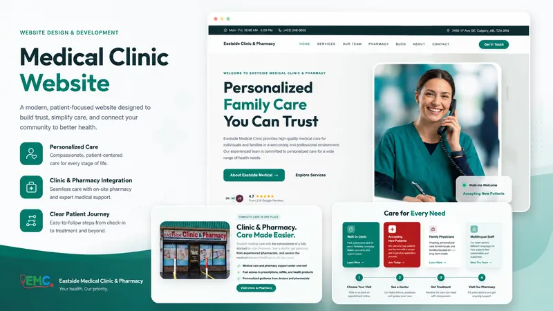 Eastside Medical Clinic and Pharmacy website, showing family care and walk-in services