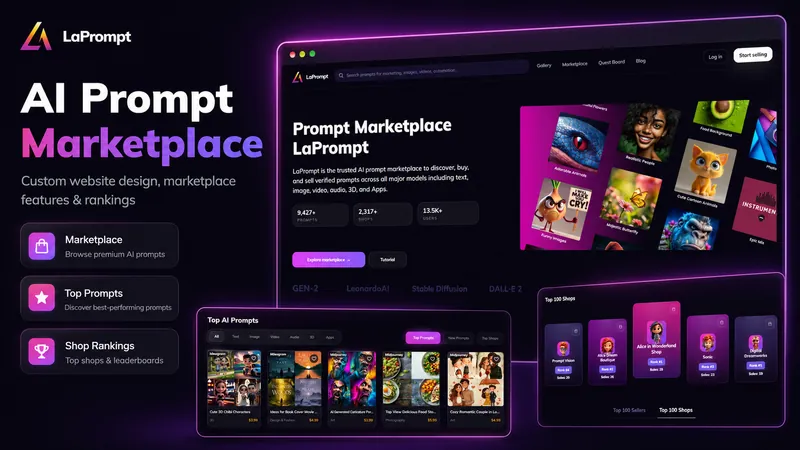 LaPrompt AI prompt marketplace, showing the prompt gallery and shop rankings