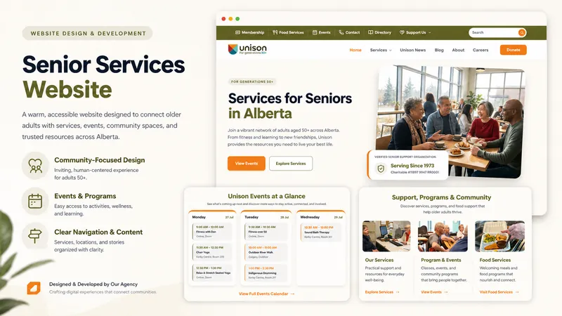 Unison for Generations 50+ website, showing senior services, events, and food supports